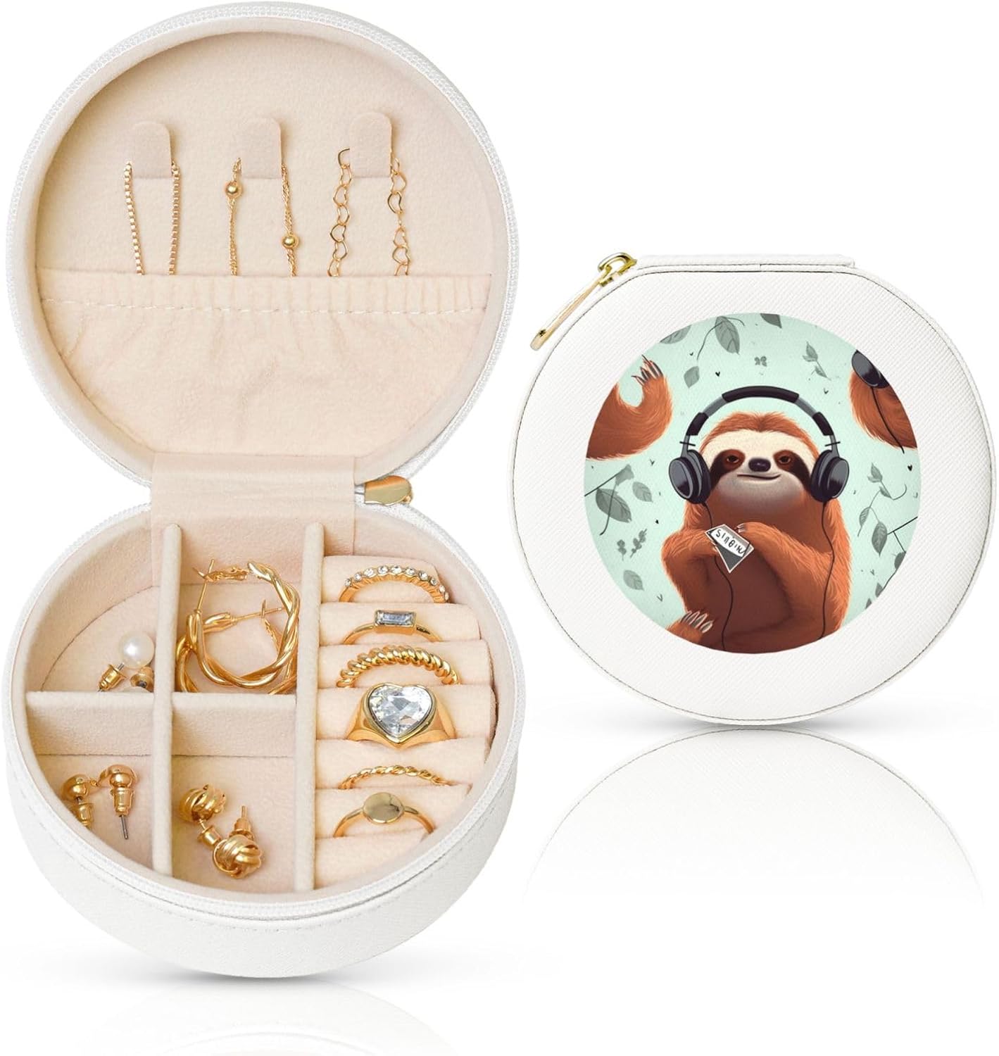 Travel Jewelry Box for Women Birthday Gifts, funny Cute Animal Sloth Music Jewelry Case PU Leather Jewelry Organizer Small Round Display Storage Box for Rings Earrings Necklaces