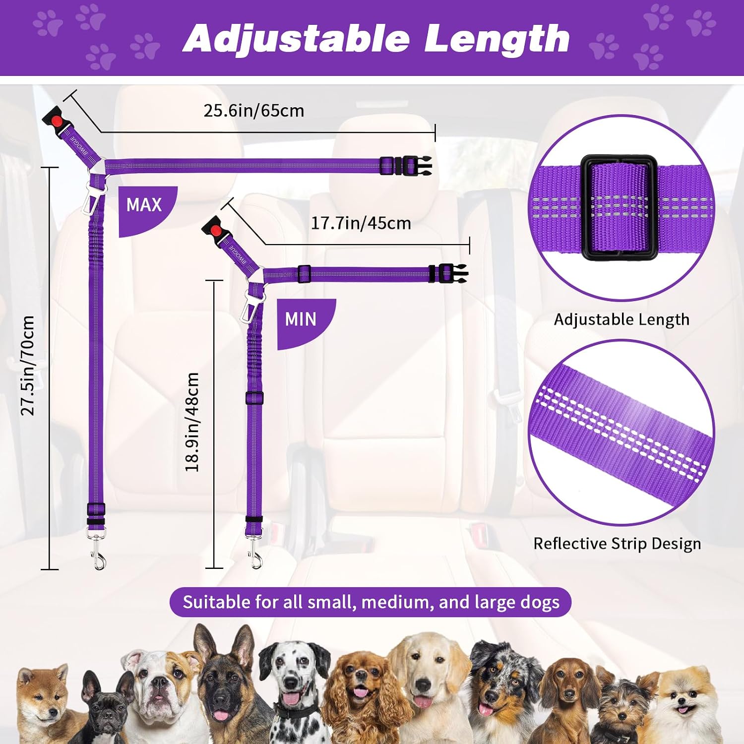 BWOGUE Dog Seat Belt for Car, Headrest Restraint Reflective Bungee, 1 Pack image 2