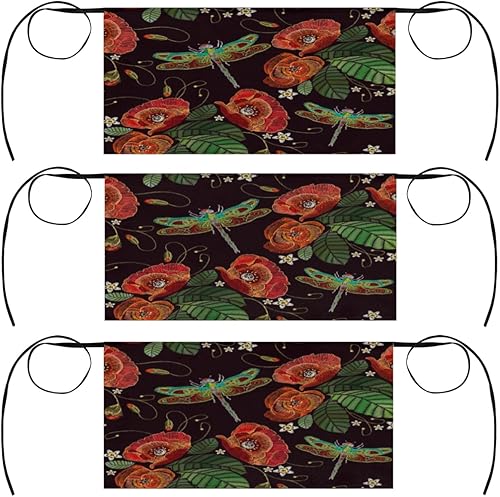 KOBLEN Lotus Dragonfly - Paquete de 3 delantales de servidor con 3 bolsillos, impermeables, delantales de media cintura para mujer, para cocinar,