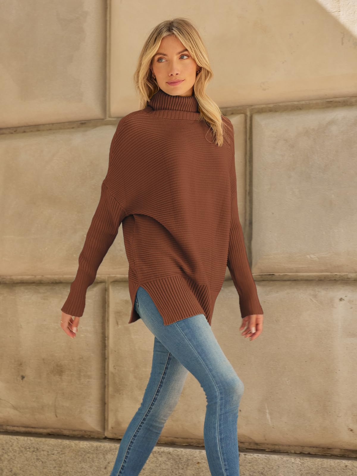 LILLUSORY Oversized Turtleneck Sweaters Fall Batwing Sleeve Ribbed Tunic Sweater