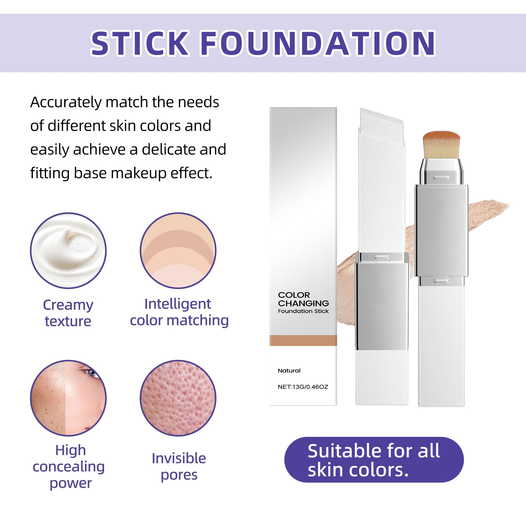 Color Changing Foundation Stick - 2-in-1 with Detachable Brush, Hydrating Concealer Base Makeup, Portable for Daily Use — view 3