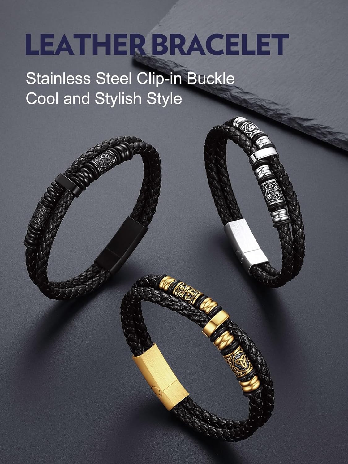 Bandmax Mens Black Double Wax Rope Cuff Bracelets Waterproof Stainless Steel Norse Style Celtic Knot Beads Bracelet Wristband Gift for Men - Image 9