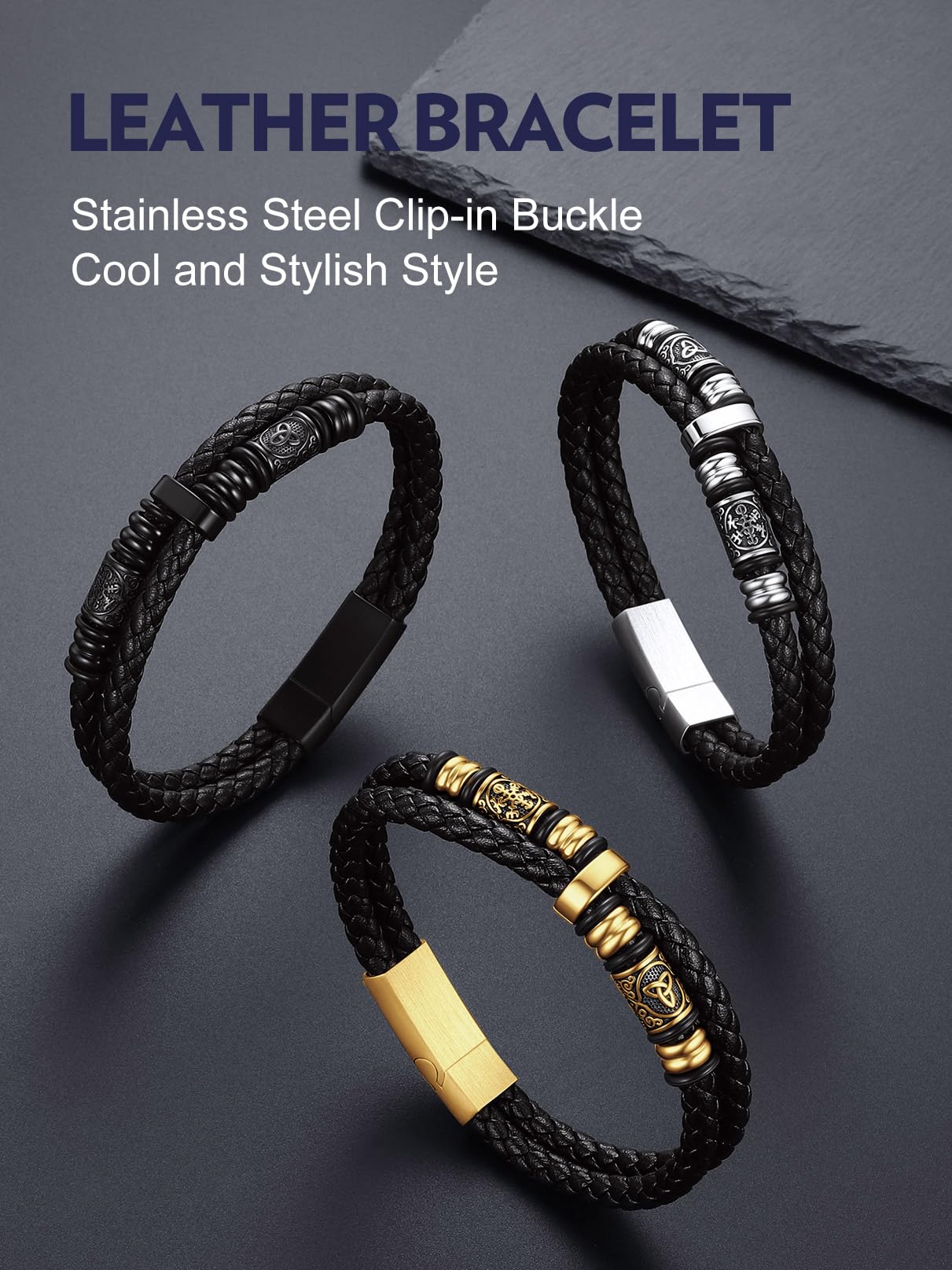 Bandmax Longueur de 19/21/23/25 cm, Bracelet Cuir Homme avec Fermoir Magnétique - Bracelet PU Tressé avec Manchette Double Couche - Pour Papa Fils Petit-ami - Cadeaux Fête des Pères