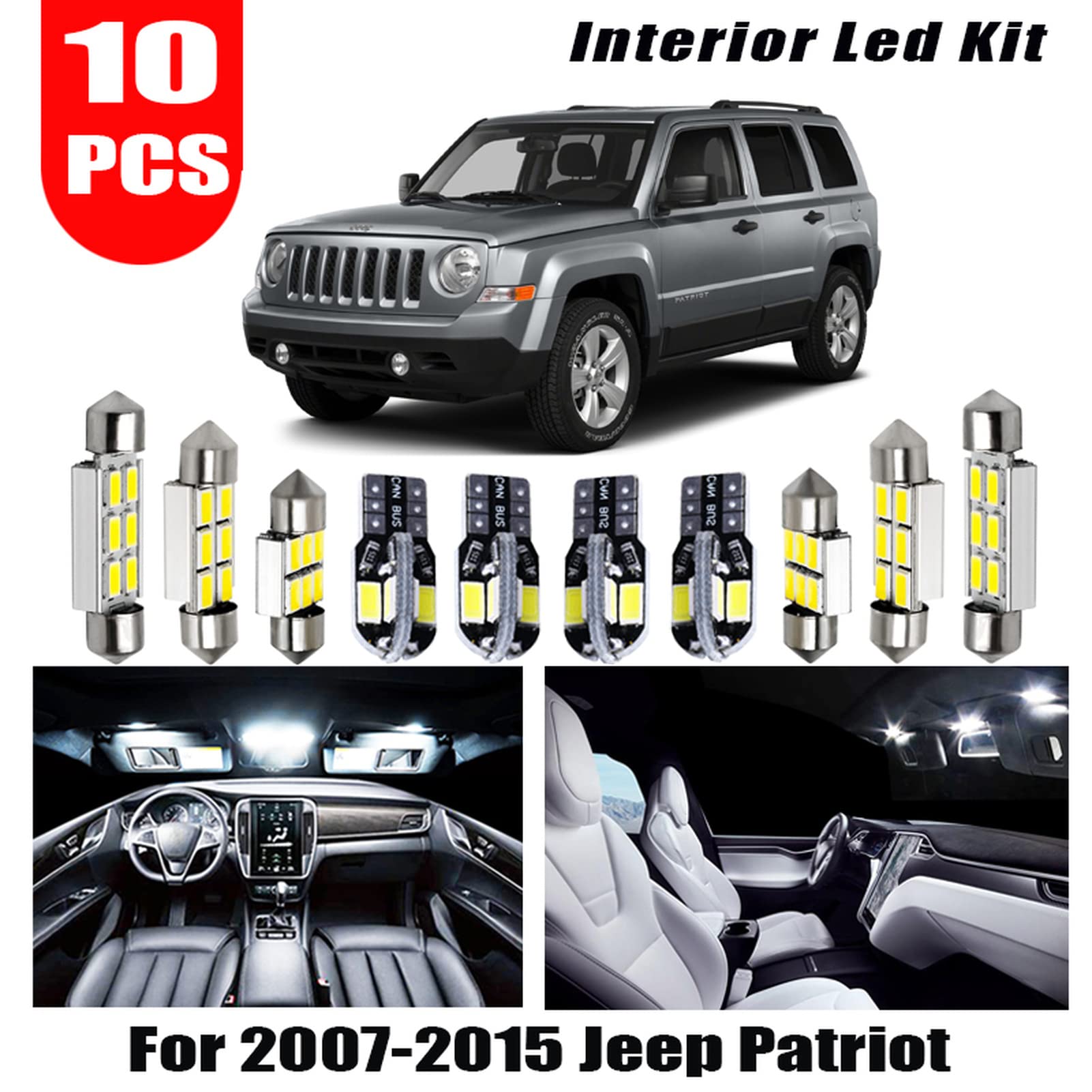 10 pièces Canbus sans Erreur LED Ampoule Kit Paquet, pour Jeep Patriot 2007-2015 12V intérieur Carte dôme Coffre Licence lumière