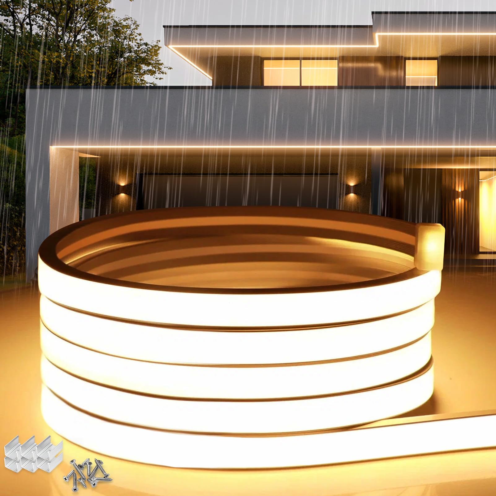 Neonowa Taśma LED 30m Silikonowa Wodoodporna, Ognioodporna IP65 Taśma LED Ciepła Biel 3000K 10mm 230V Elastyczna Taśma świetlna DIY Z Zasilaczem Do Domu, Imprezę, Kuchni, Zewnątrz