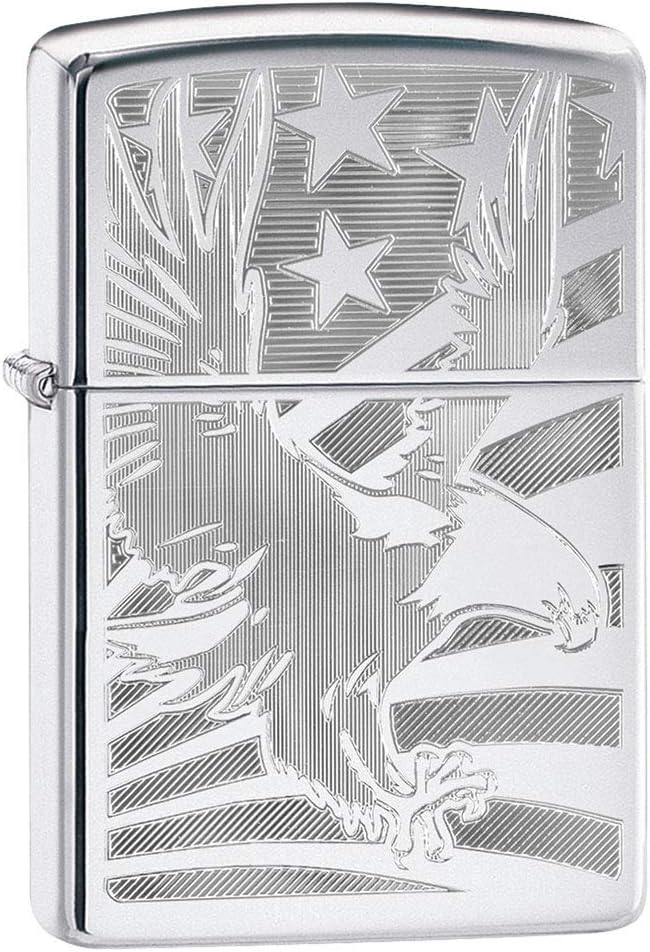 Zippo Lighter: Eagle and American Flag, Engraved - High Polish Chrome 80745