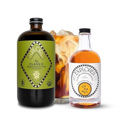 Explorer Cold Brew Paquete de concentrado de café y jarabe | Jarabe de café orgánico regular con cafeína y caramelo | Mezcla líquida instantánea sin
