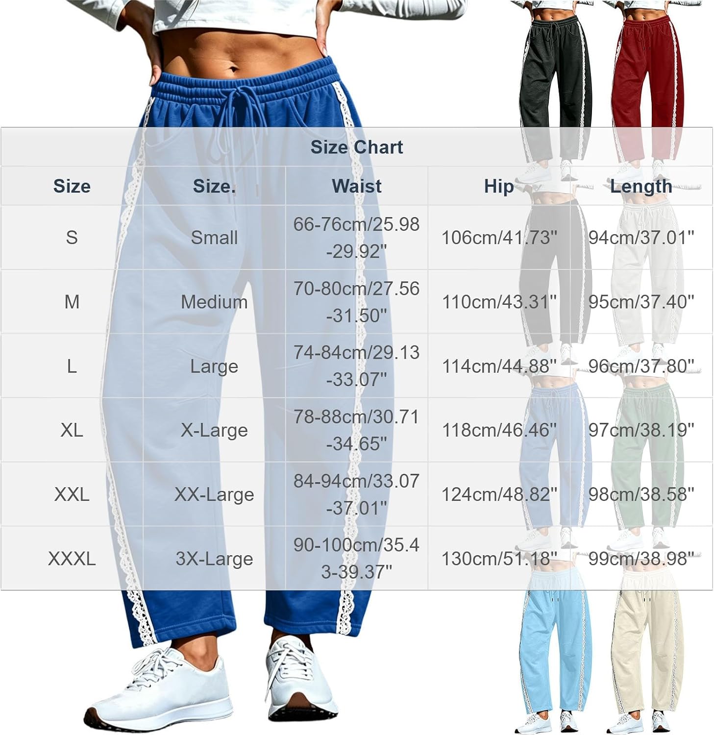 Women's Baggy Wide Leg Track Pants Lace Side Stripe Elastic Waist Drawstring Fashion Hiking Pants with Pockets