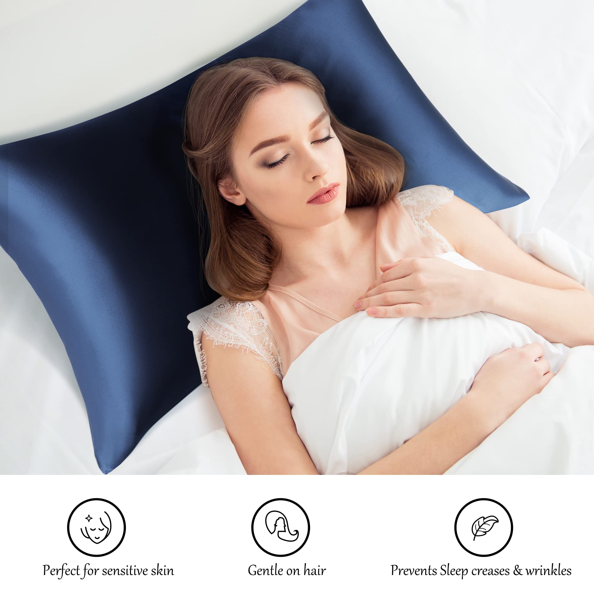 PiccoCasa - Funda de almohada de seda pura 100% natural para cabello y piel, ambos lados de 400 hilos, 19 momme de seda con cremallera oculta, 1 paquete, azul marino, tamaño Queen 50 x 76 cm