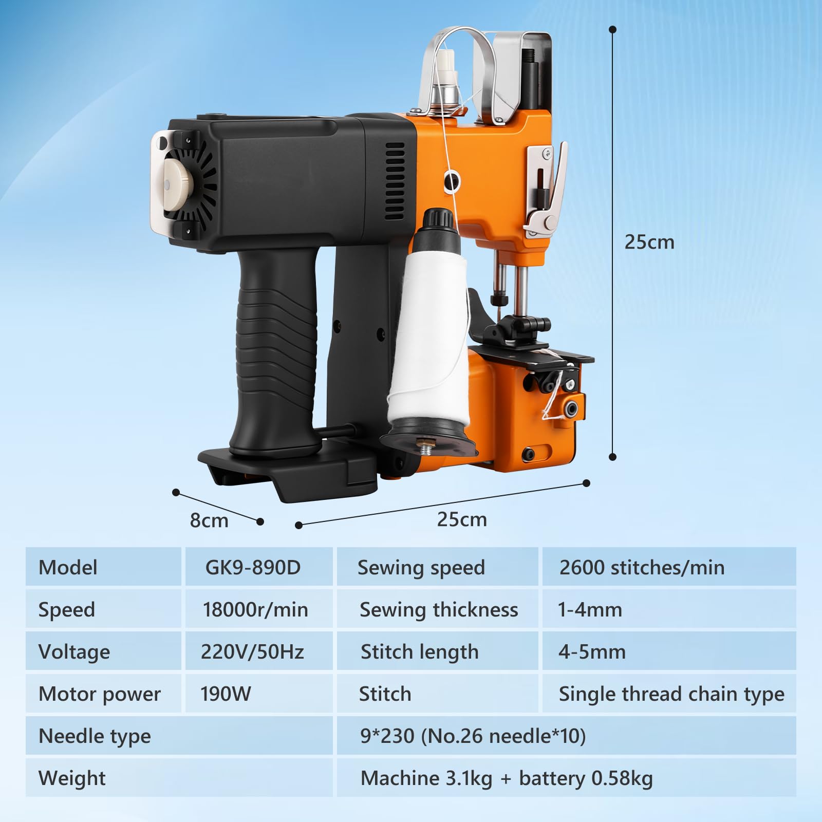 MXBAOHENG Maquina de Coser Sacos Portatil (con 1 batería) GK9-890D 220V Maquina coser sacos para Coser Bolsa Tejida/Arroz/Papel/Plástico