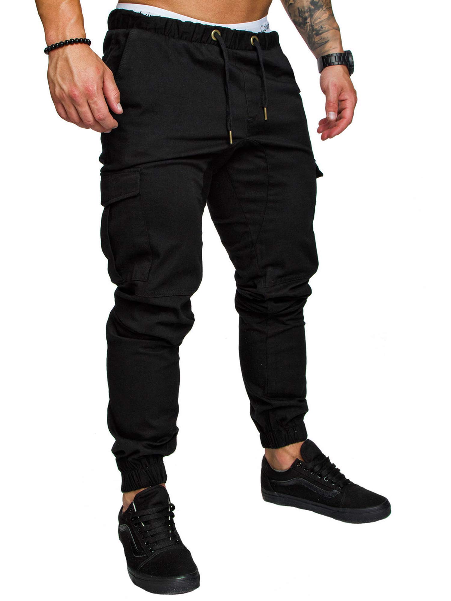 Mens Casual Trousers Slim Fit Multi-Pocket Cargo Pants Sports Elasticated Waist Bodybuilding Workout Running Sweatpants