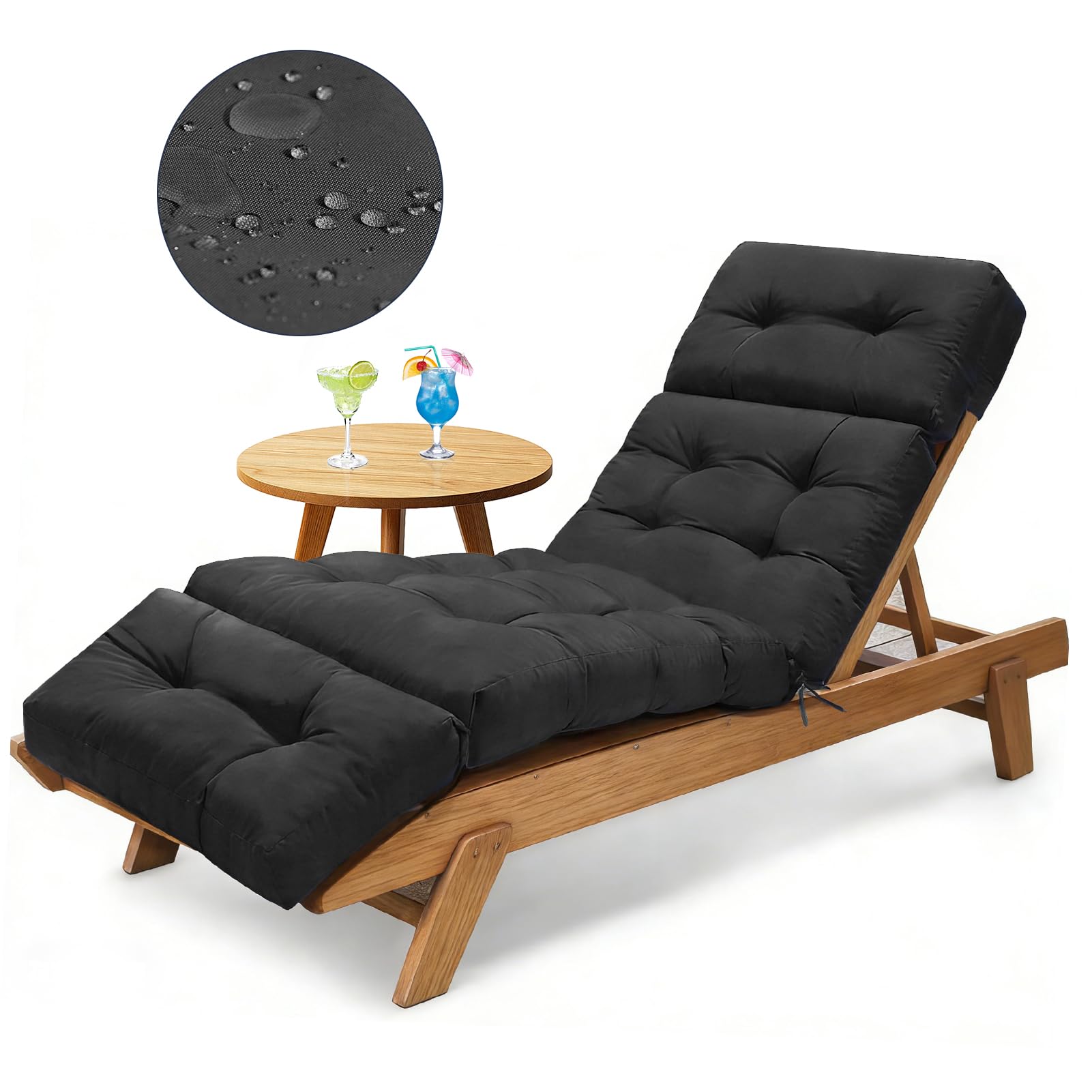 Outdoor Chaise Lounge Chair Cushion, 100% Waterproof Lounge Chair Cushions for Outdoor Furniture, 75.1 x 22.8 x 4.7 Inches Replacement Thickened Pool Lounges Chairs Cushions with Ties, Black