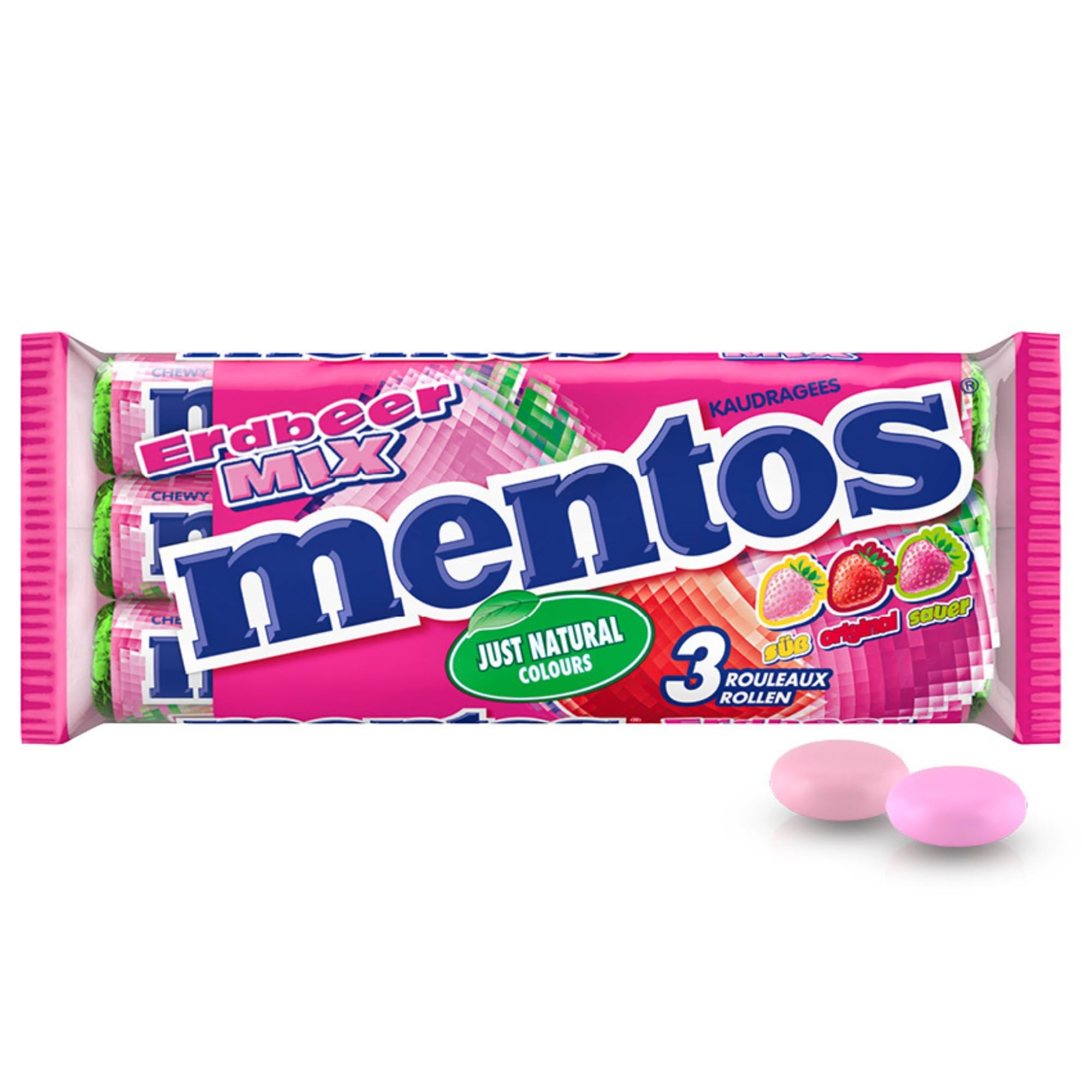 Mentos Kaubonbons Erdbeere-Mix, Frucht-Bonbons mit süßem und saurem Erdbeergeschmack, Süßigkeiten (3 Rollen), vegan