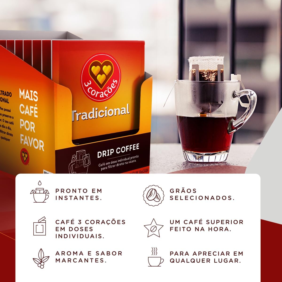 3 Corações Café Drip Coffee Tradicional - contém 10 unidades