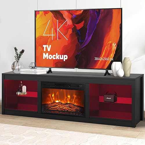 Fireplace TV Stand with 23" Electric Fireplace Up to 75" TVs, LED Light Entertainment Center, TV Stands for Living Room, 66" Modern TV Console with 2 Tier Adjustable Storage Cabinets, Black