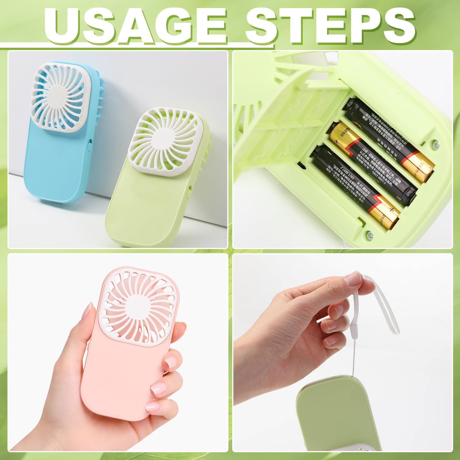 Lewtemi Paquete de 12 mini ventiladores portátiles a granel lindos de mano, ligeros, portátiles, pequeños y silenciosos, con cordón, funciona con pilas AAA, para viajes de verano, playa, interiores y