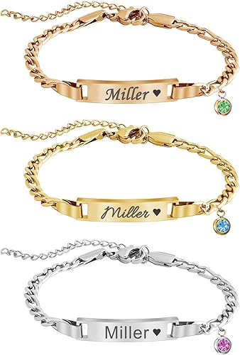 JUBOPE Pulseras de identificación personalizadas, chapado en oro de 18 quilates con grabado de piedra natal, regalo personalizado de cumpleaños,