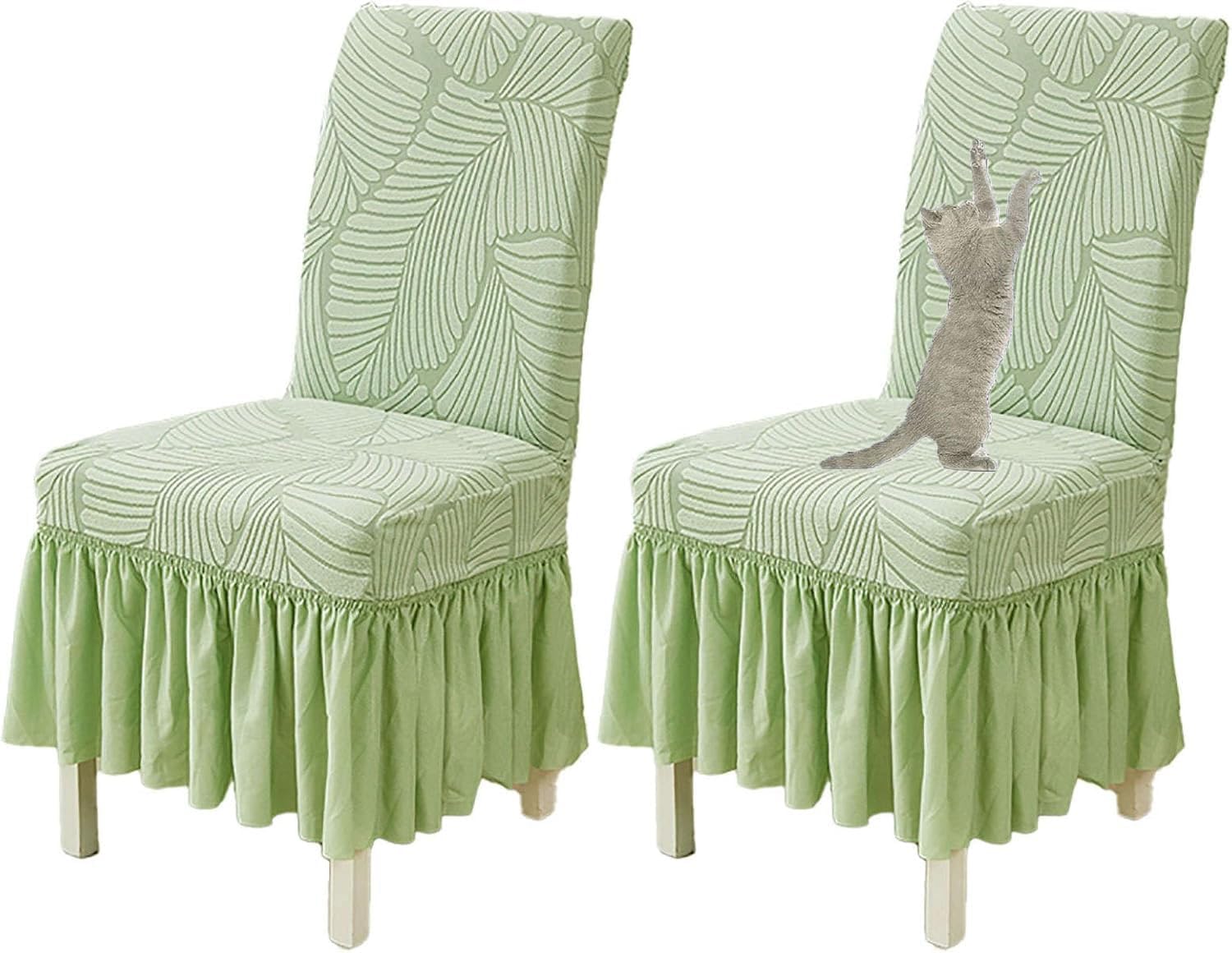 Stretch Dining Chair Cover with Skirt, Chair Slipcovers Spandex Chair Covers Removable Dining Room Chair Cover for Cat Dog (Green,6 PCS)