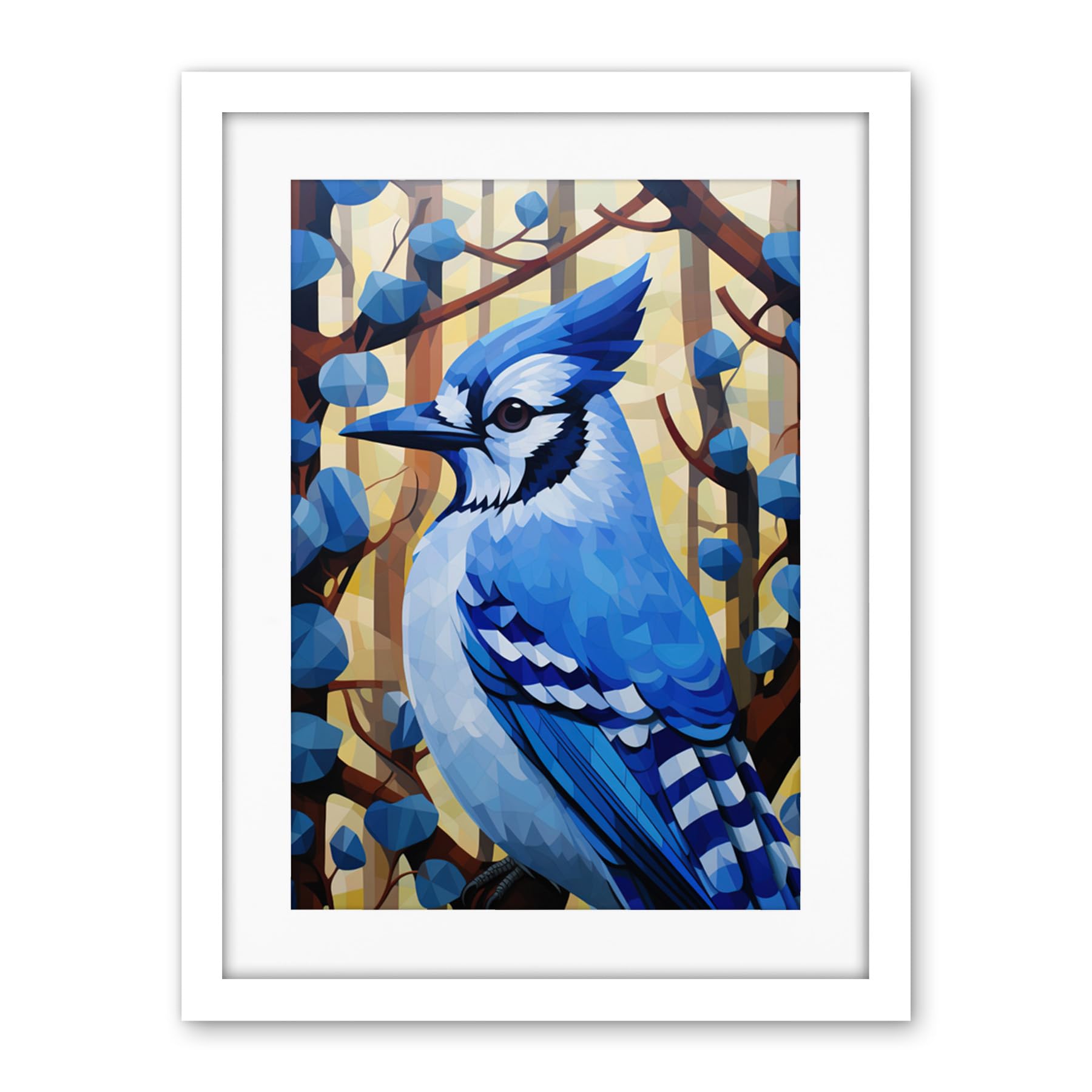 Artery8 Blue Jay Geometric Artwork Wild Bird Perched on Tree Polygonal Forest Landscape Artwork Framed Wall Art Print 18X24 Inch