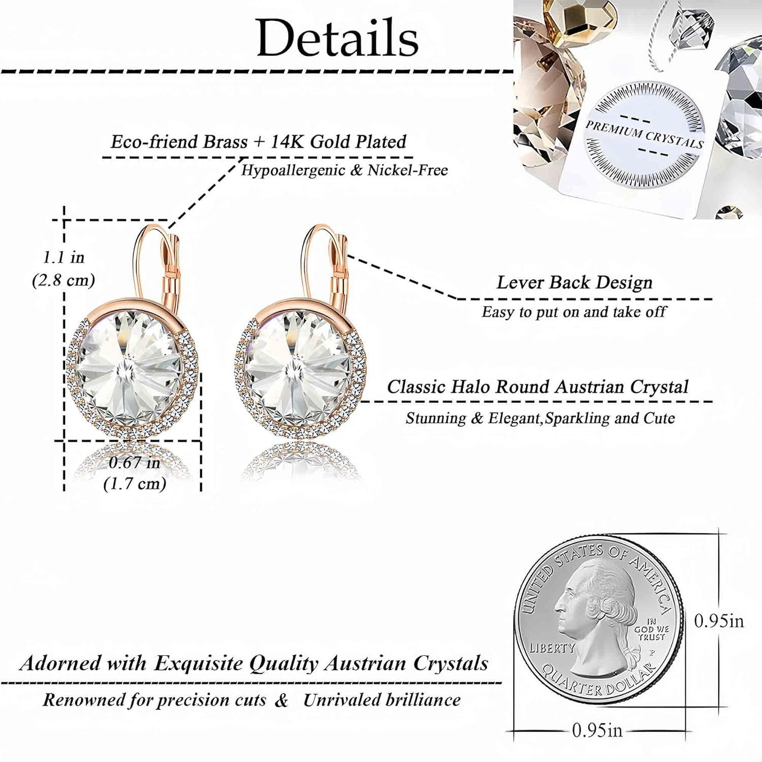 Round Austrian Crystal Halo Drop Leverback Earrings for Women 14K Gold Plated Hypoallergenic Earrings - Image 4