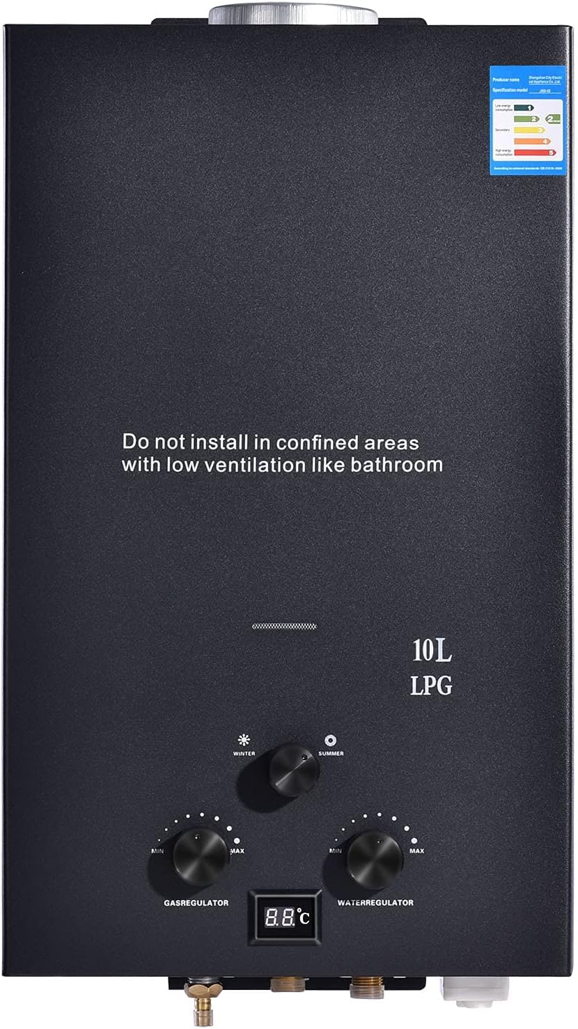 10LPM Gas Durchlauferhitzer, 20kw Propangas Durchlauferhitzer mit Super Niedrigem 0,2 bar Startwasserdruck, Betrieben mit für Zuhause Wohnmobile Kabinen Scheunen, Dusche & Täglichen Gebrauch, Schwarz
