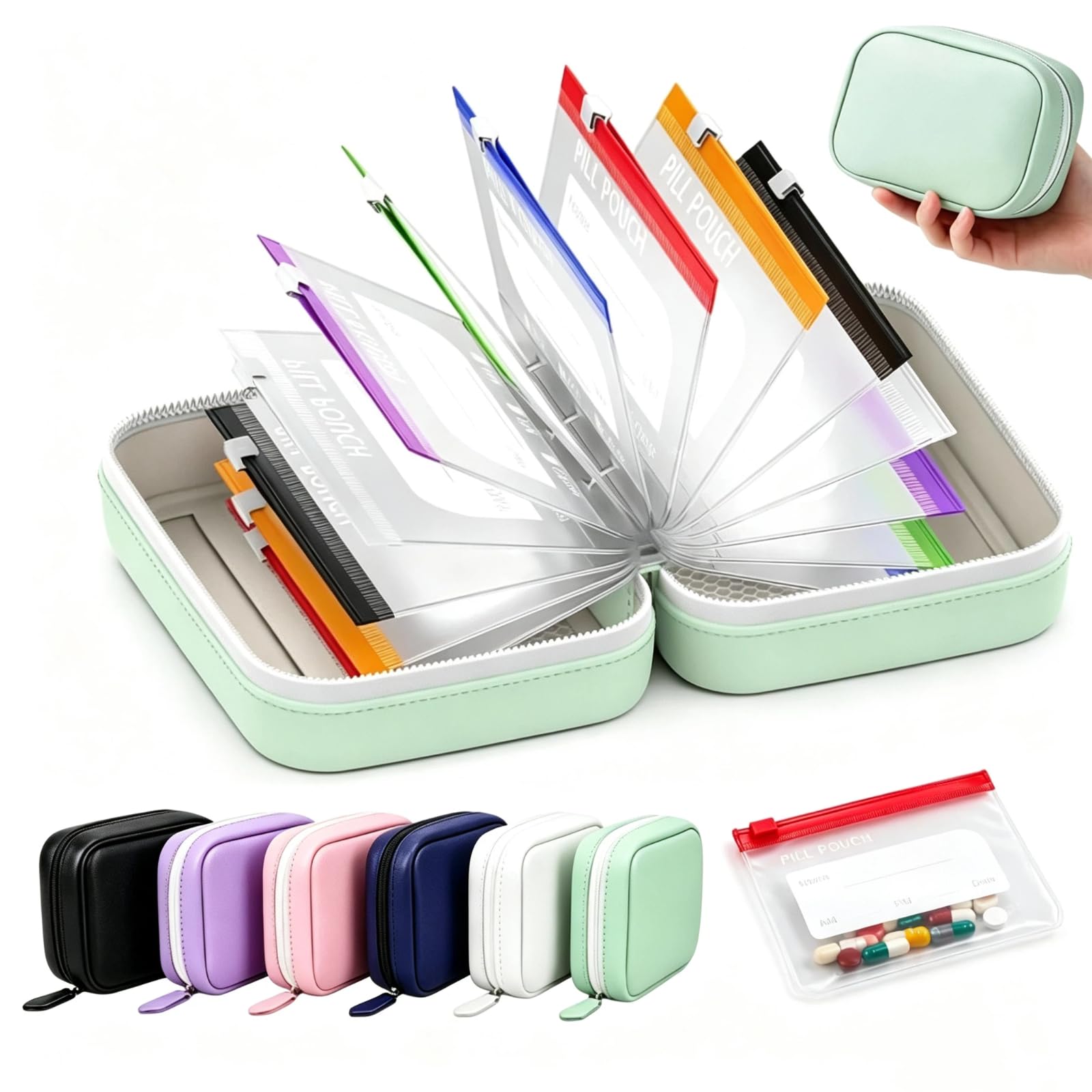 Travel Pill Organizer Bag with 14 Reusable A8 Pill Pouches (Green)