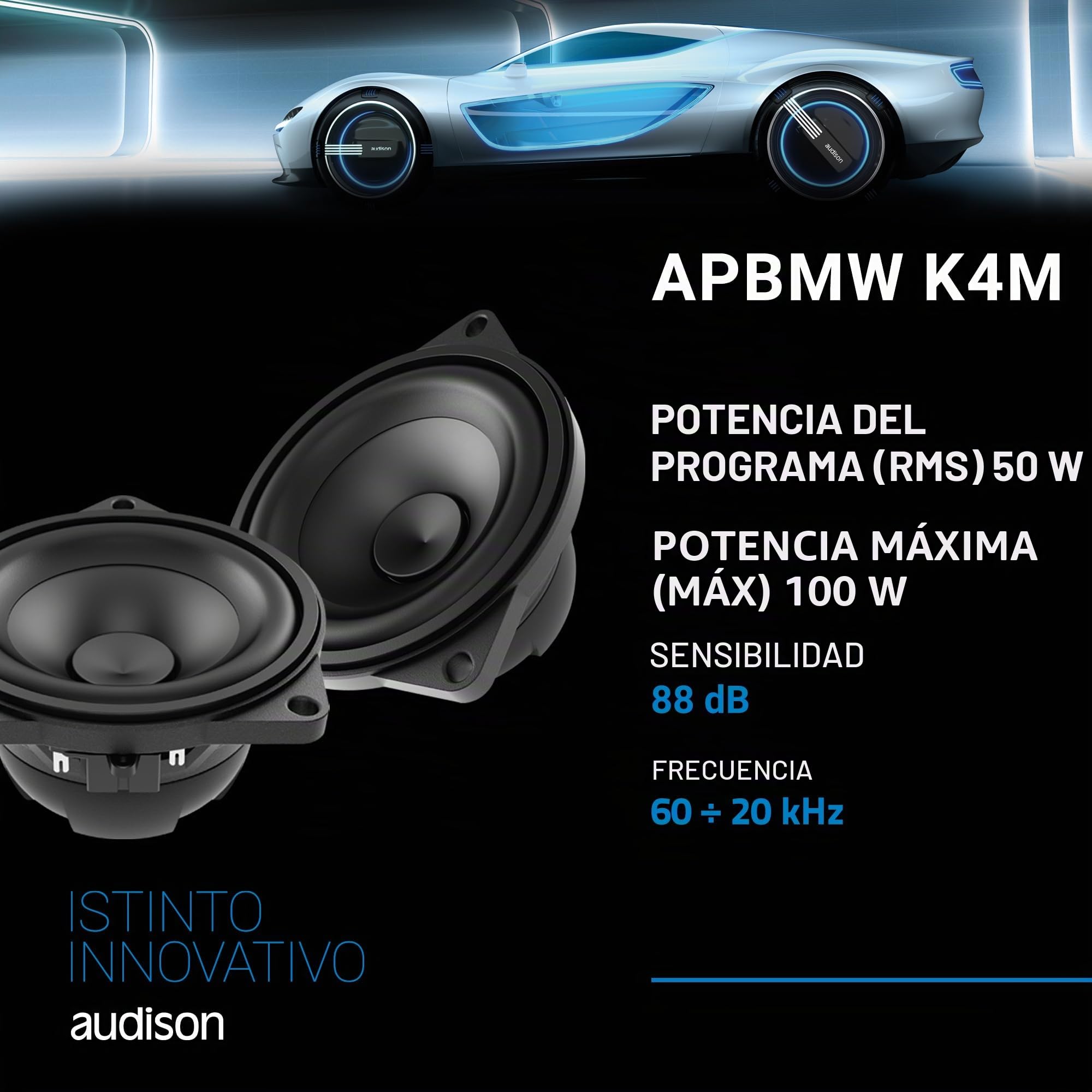 Audison APBMW K4M Kit de 2 vías 100 mm, 100 W | tweeter 29 mm, filtro incluido, 4 pulgadas, 50 W RMS, 4 Ohm, 88 dB