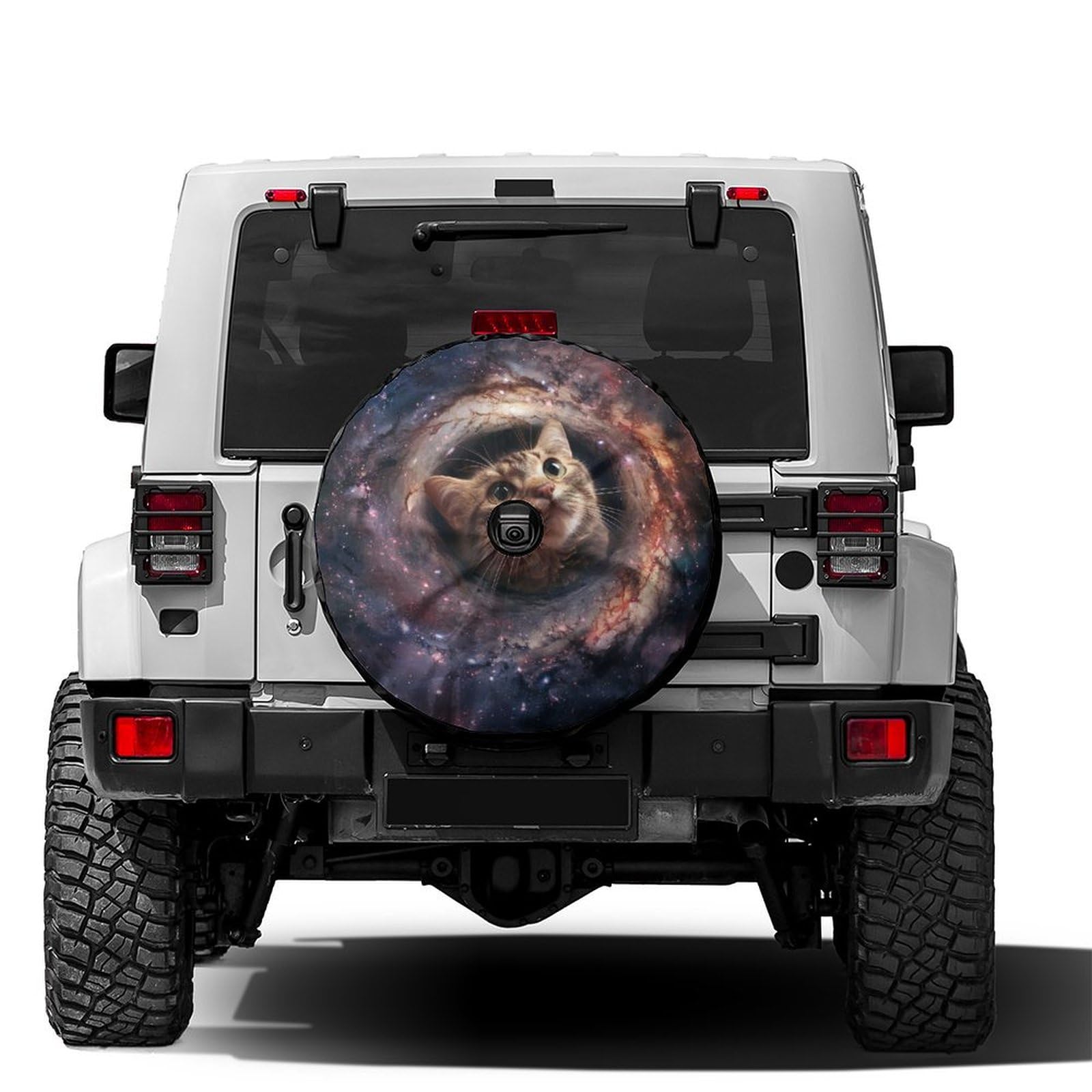 Dujiea Cat Head in Galaxy Spare Tire Cover with Backup Camera Hole, Universal Wheel Tire Cover Tire Protectors for Trailer RV Van SUV Truck Camper and Many Vehicle 15inch