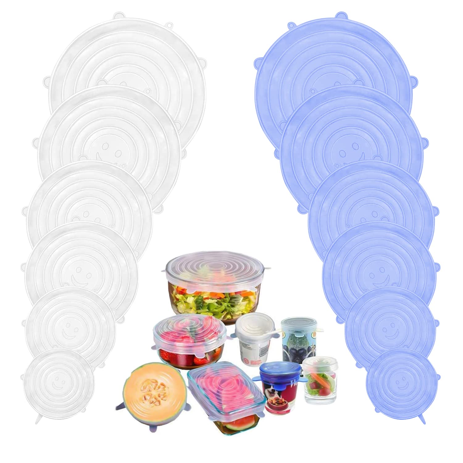 Stretch Lid, 12Piece Reusable Silicone Stretch Lid, 6 Sizes Stretch Food Holder Lid for Cans, Bowls & Cups, Fruit, Microwave Dishwasher Safe (Blue + White)