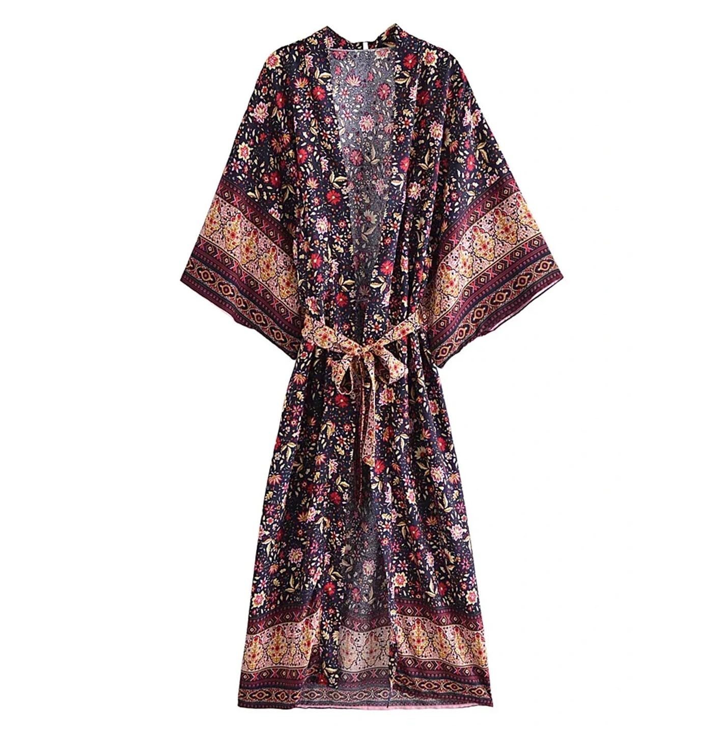 Wjnvfioo Moda damska czarny nadruk plaża bohema kimono dekolt w serek szarfy letni szlafrok okrycie bikini
