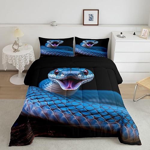 Erosebridal Snake Comforter Set, 3D Reptile Print Bedding Comforters, Snake with Blue Scales Down Comforter, Modern Wild Animal Fashion Quilted Duvet, Gift Collection, Queen Size
