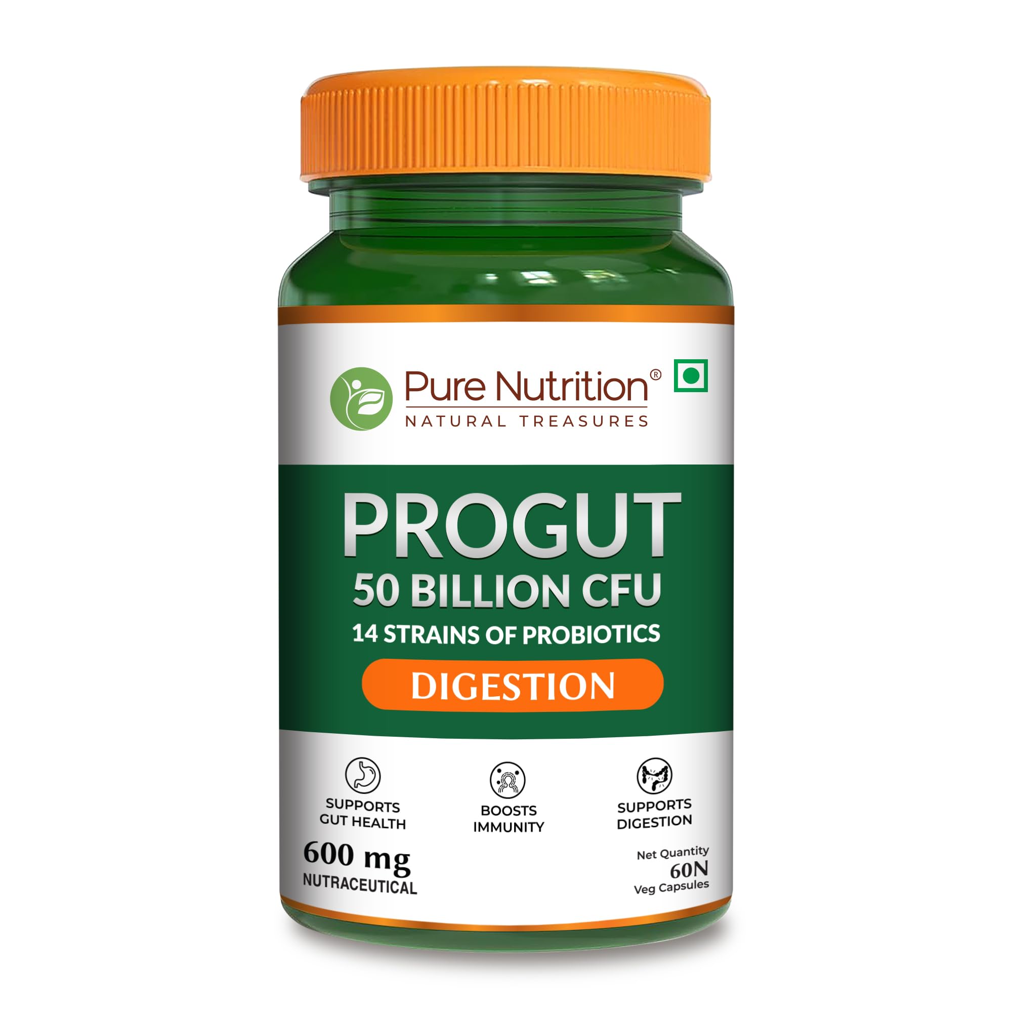 Pure Nutrition Progut 50 Billion CFU,60 Veg Capsule|Probiotic & Prebiotic Supplement for Unisex|14 Probiotic Strains|Supports Digestive Health|Relief from Gas & Bloating, 1 count