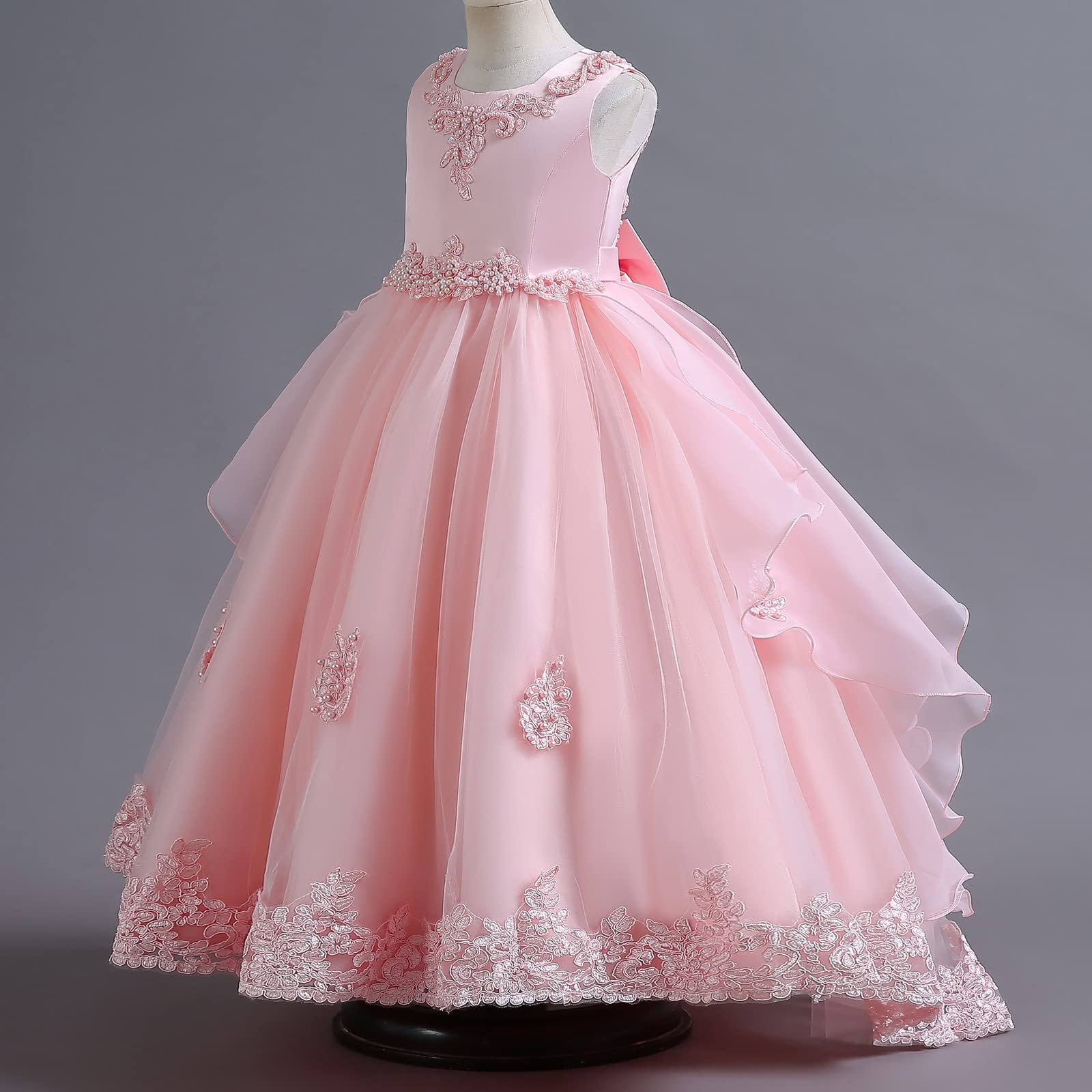 Odizli Blumenmädchenkleider Kinder Mädchen Abendkleid Ärmellose Perle Bowknot Prinzessin Tüllkleid Festliche Hochzeit Brautjungfern Erstkommunion Geburtstag Party Lang Prom Ballkleid