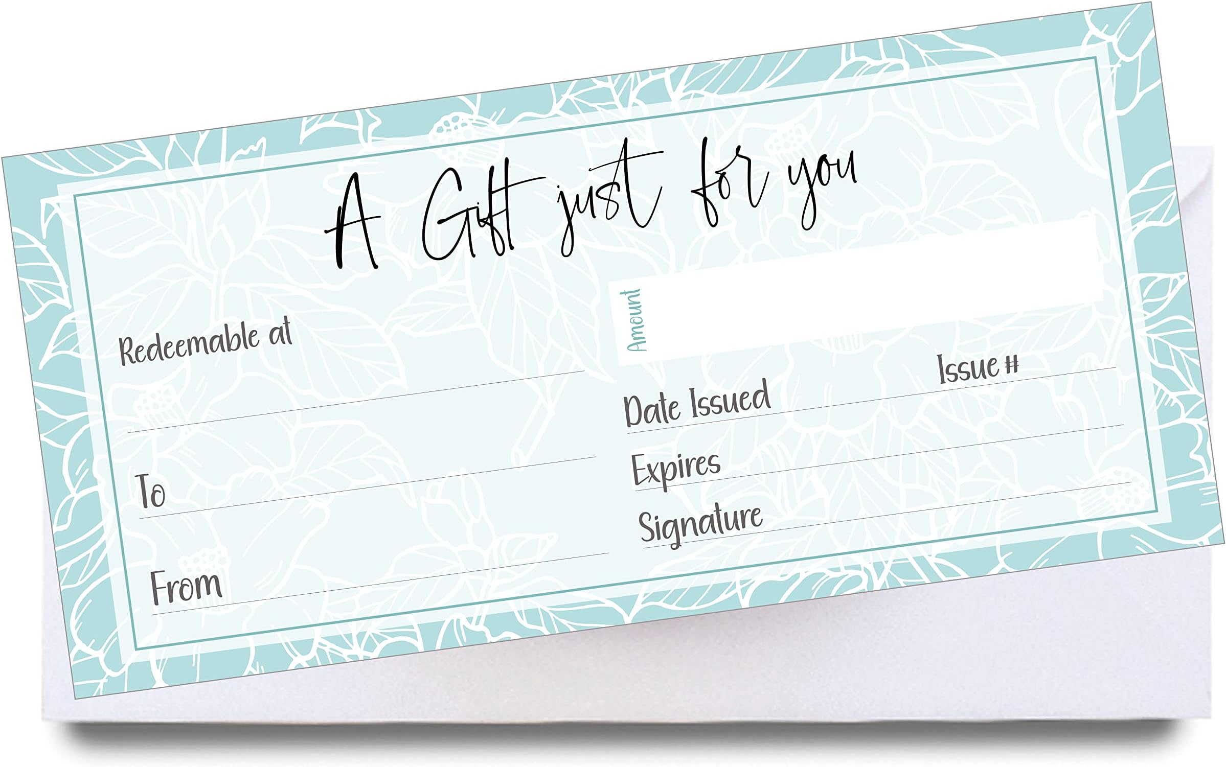 20 x Blank Gift Vouchers & Envelopes - Double Sided Teal Floral Design Tokens - Salon, Beauty, Hair, Massage, Lashes, Nails