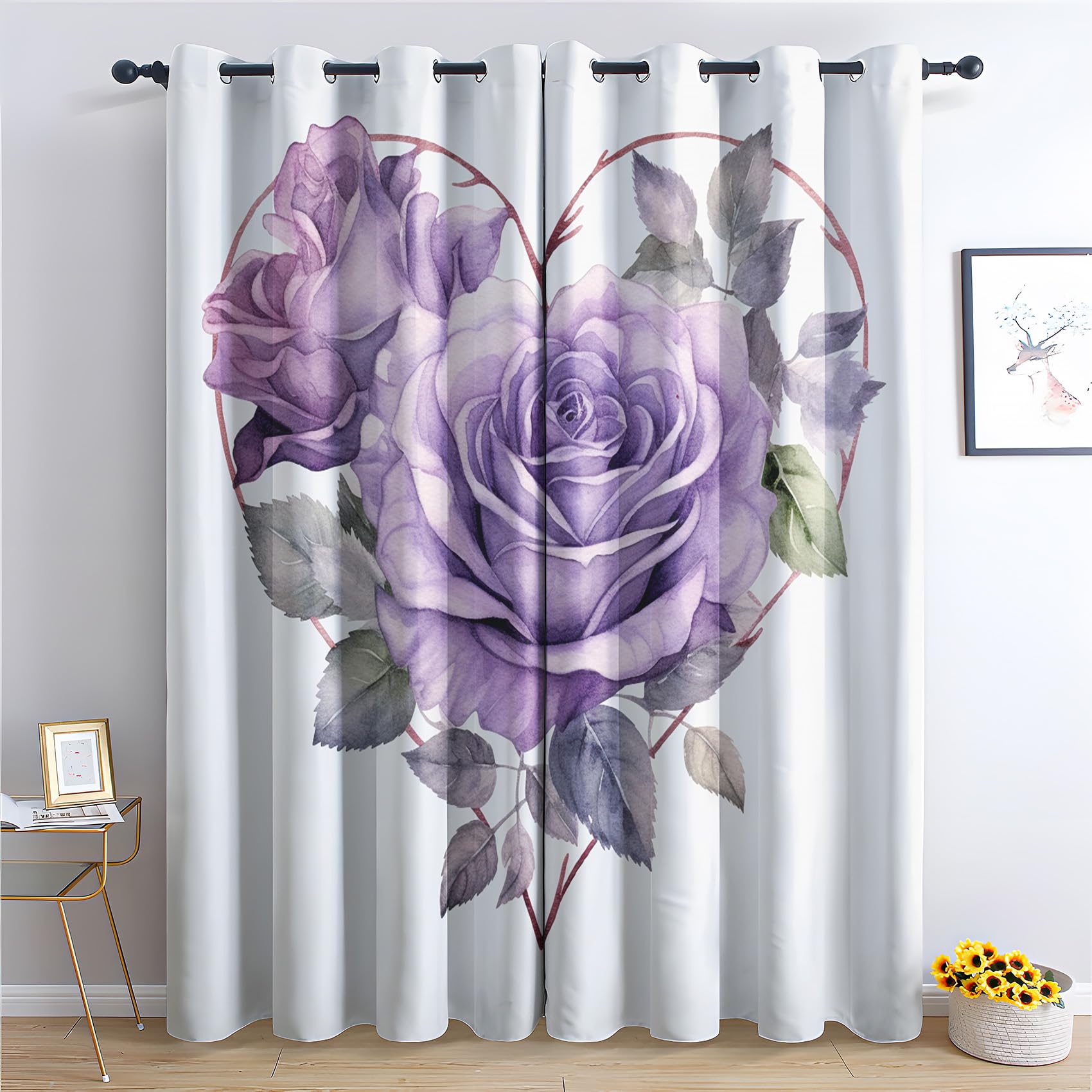 SZLYZM Heart Blackout Curtains for Bedroom living Room, Purple Flower Curtains 66x54, 54 Inch Drop Curtains 2 Panels Set, Thermal Eyelet Drapes Decorative Patterned Window Treatments (W3-&62)