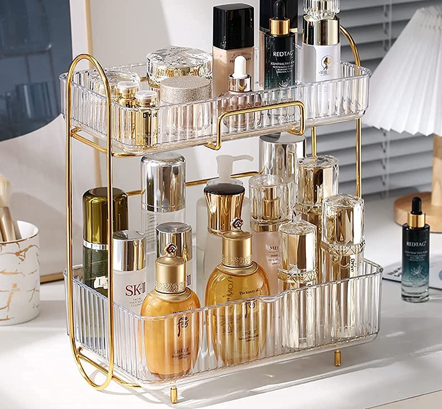 SEEMIESEEMIE Cosmetics Storage Box Bathroom Cosmetic Rack Storage Box Desktop Double-Layer Dresser Rack Bedroom Storage Finishing Shelf (Transparent)