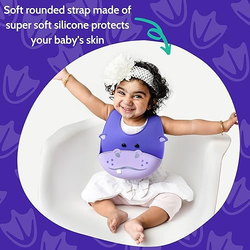 Miniatura 6 de Silly Goose Baberos de silicona para bebés y niños pequeños, impermeables, ajustables, suaves, extra anchos para atrapar alimentos (hipopótamo) 1pk