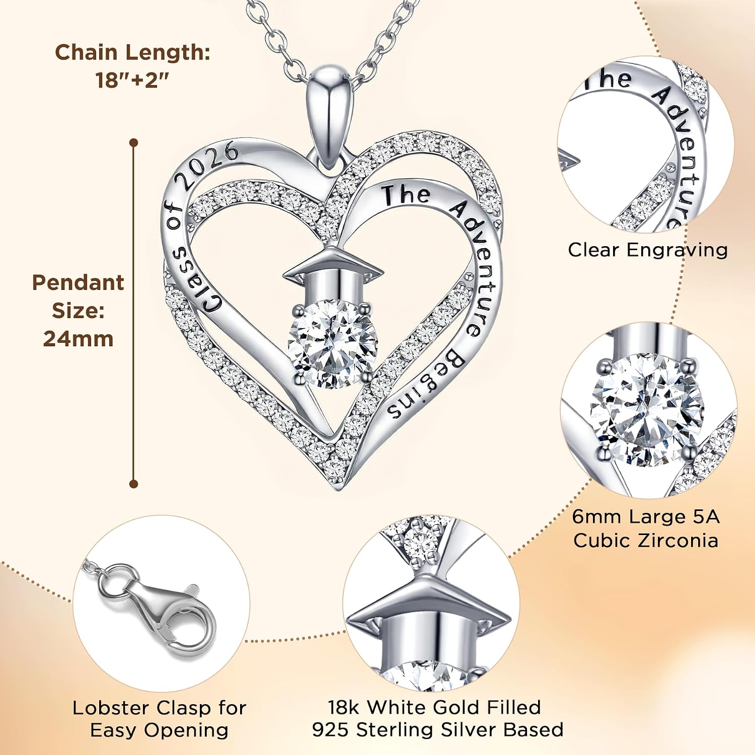 NORBU The Adventure Begins S925 Graduation Gifts for Her 2025, 5A CZ Graduation Cap Double Heart Pendant Necklaces for Women High School College Grad Jewelry Gift