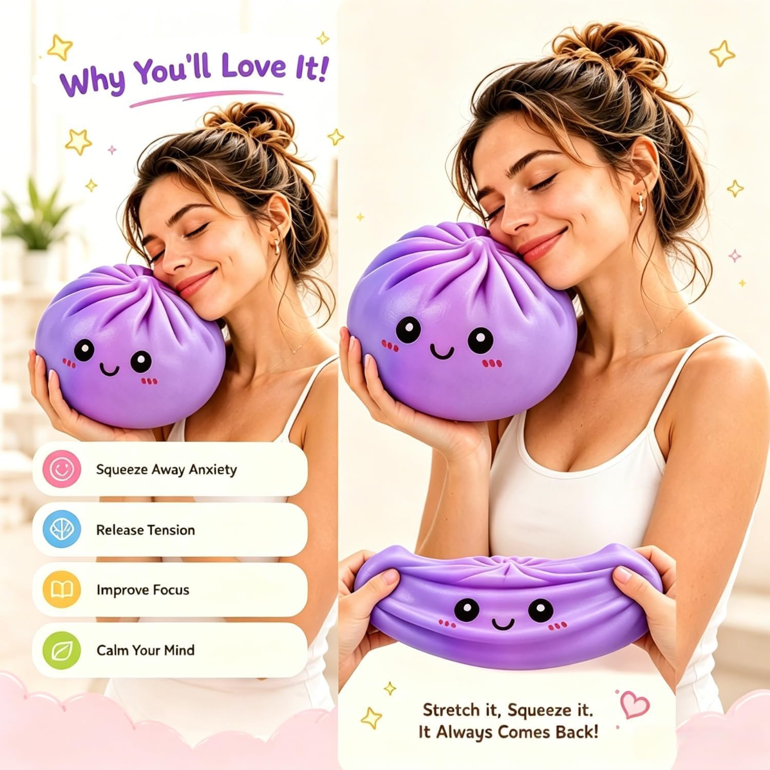 Dumpling Squishy Gigante, 25 CM Jumbo Extra Large Big Dumpling Palla Antistress con Scatola per Cottura a Vapore, Originale mistero carino morbido sensoriale per alleviare l'ansia (lilla, 15 CM)