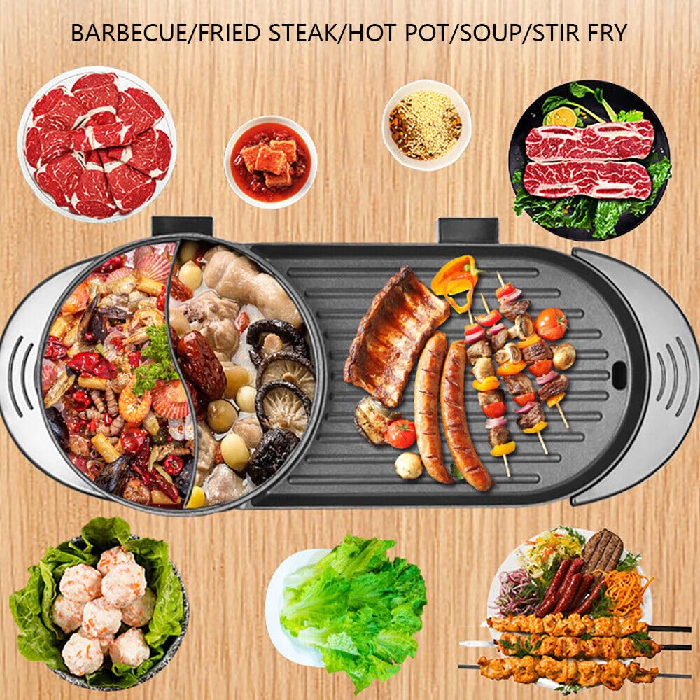 HinLIaDa 1100W Electric Hot Pot with Grill, Shabu shabu Hotpot Korean BBQ Grill Indoor 2 in 1 Multifunction Non-Stick Home Barbecue Pan, Separate Dual Temperature Control for 1-6 People Family Dinning