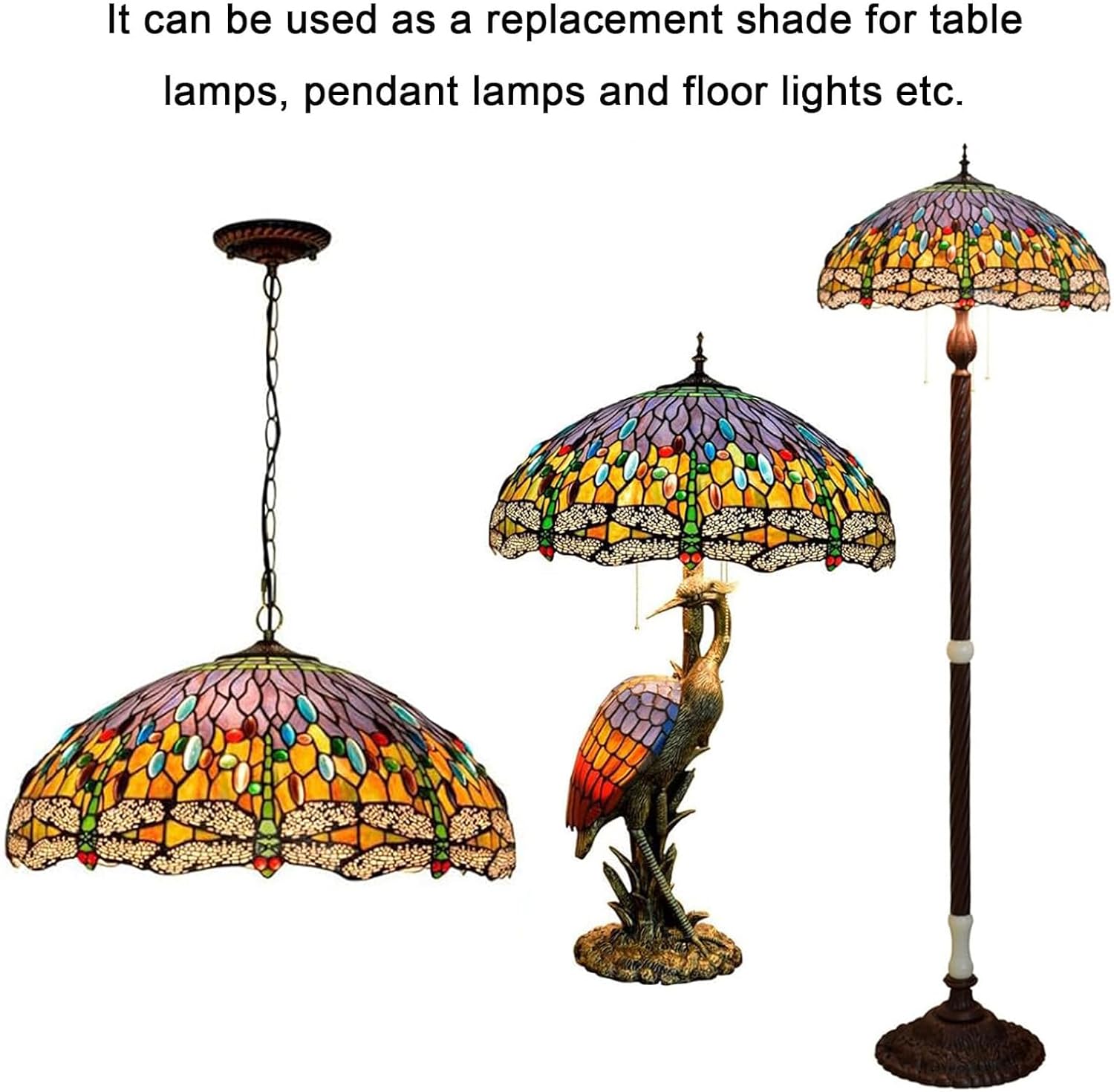 20-Inch Tiffany Style Dragonfly Lamp Shade Replacement Only, Stained Glass Lampshade Retro Handmade Lampshades Accessories Fit for Table lamp Pendant Lights Floor Lamps,A