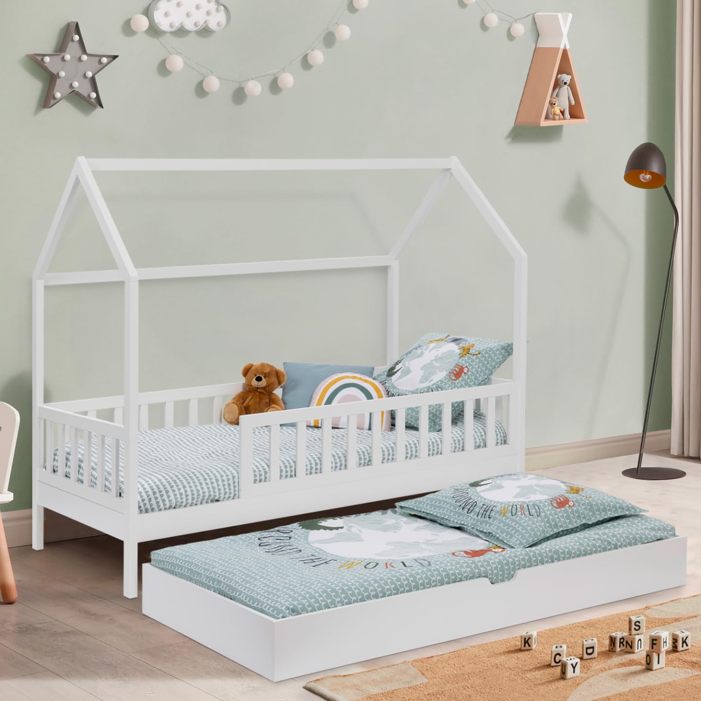 IDMarket – Cama cabaña infantil 80 x 160 cm, color blanco con 1 cajón nido y almacenamiento