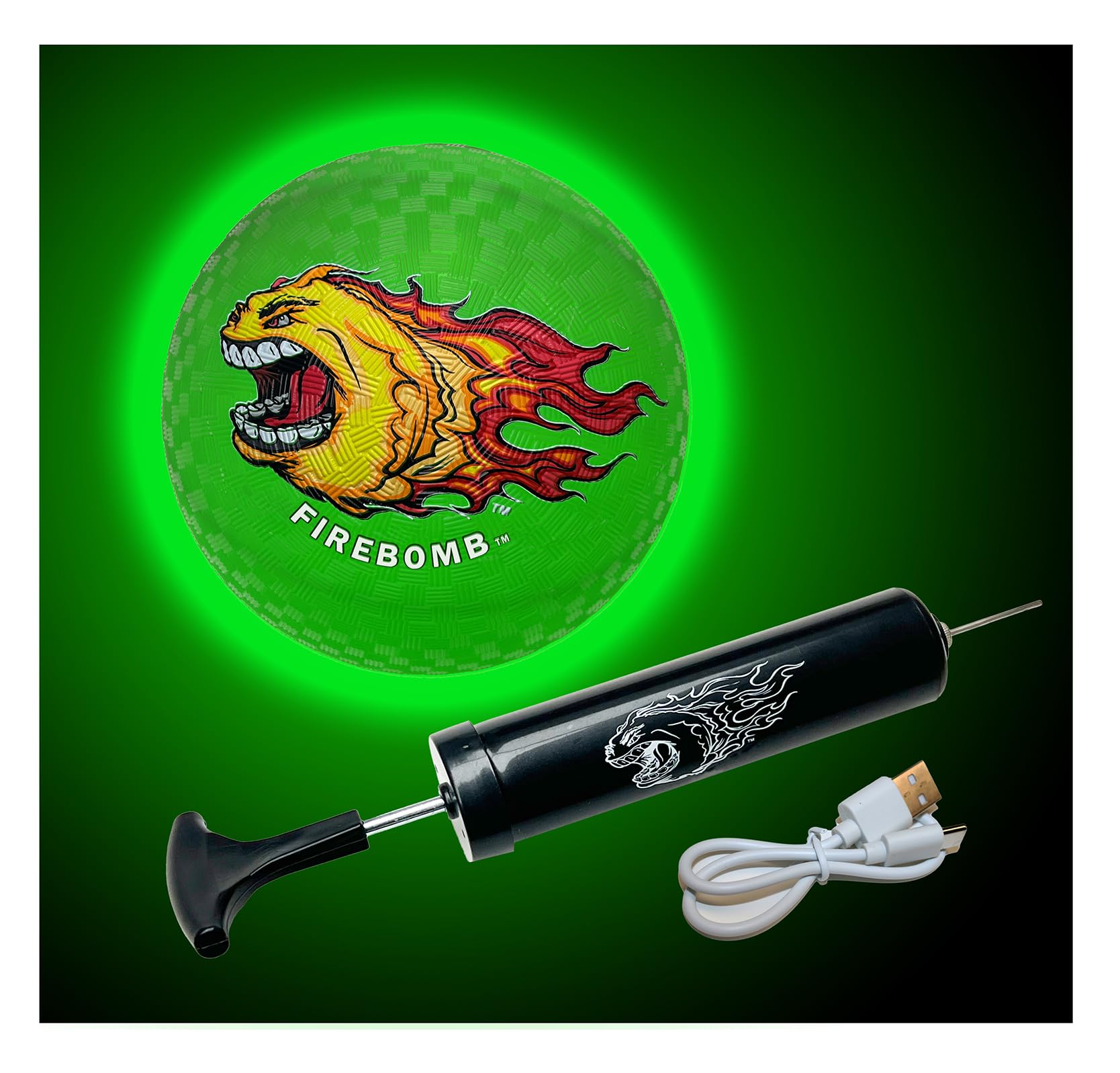 FIREBOMB™ - USB Rechargeable LED - Rubber DodgeBomb™ Playground Ball - 5 inch - Green - Outdoor Fun Four Square Handball Dodgeball Kids Recess Sports Activity