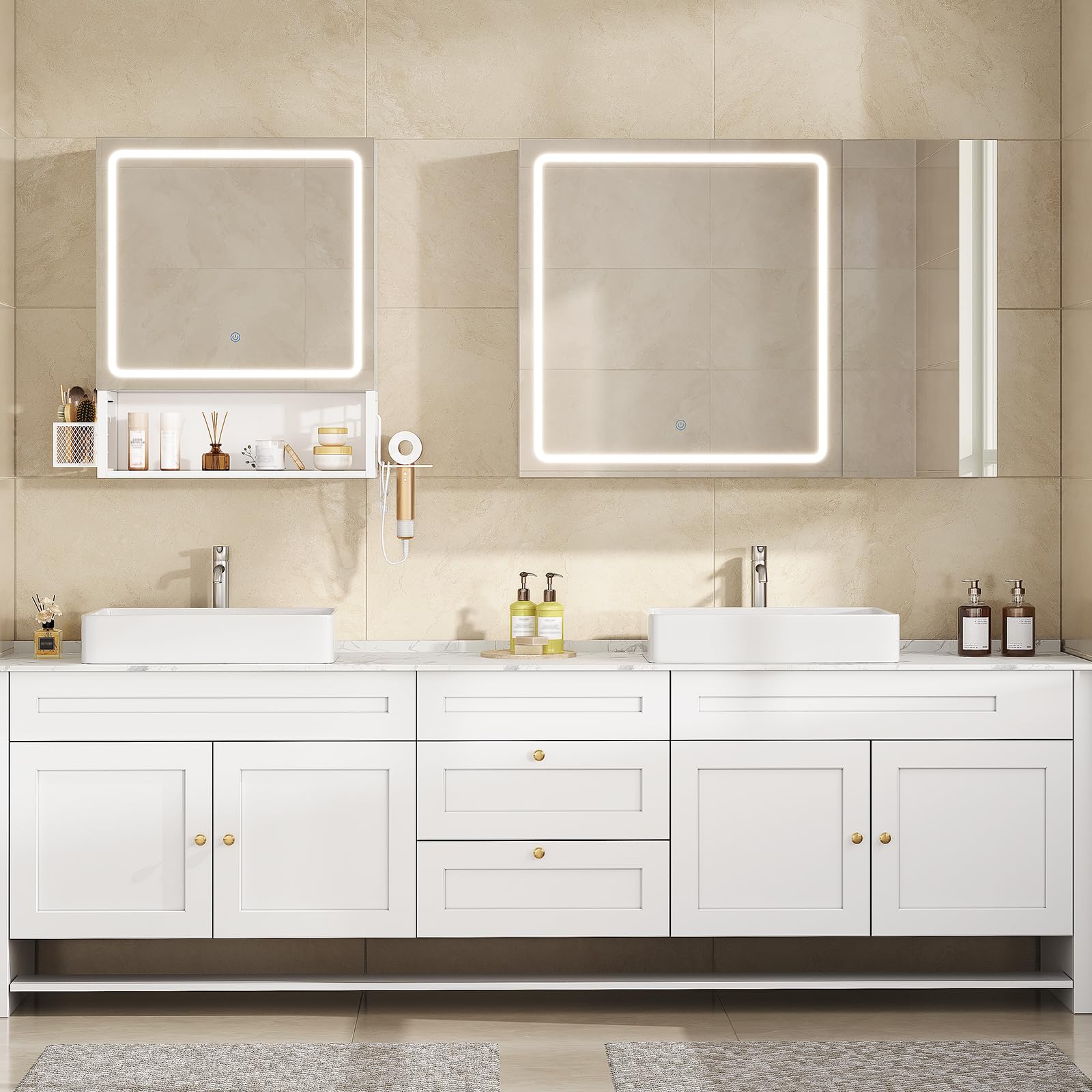 Specchio Bagno con Luce LED Regolabile e Presa Multipla, 2 Ante Specchio Bagno Contenitore 80x16x60 cm con Ripiani Regolabili, Specchiera Bagno con Specchio Grande HD, Bianco