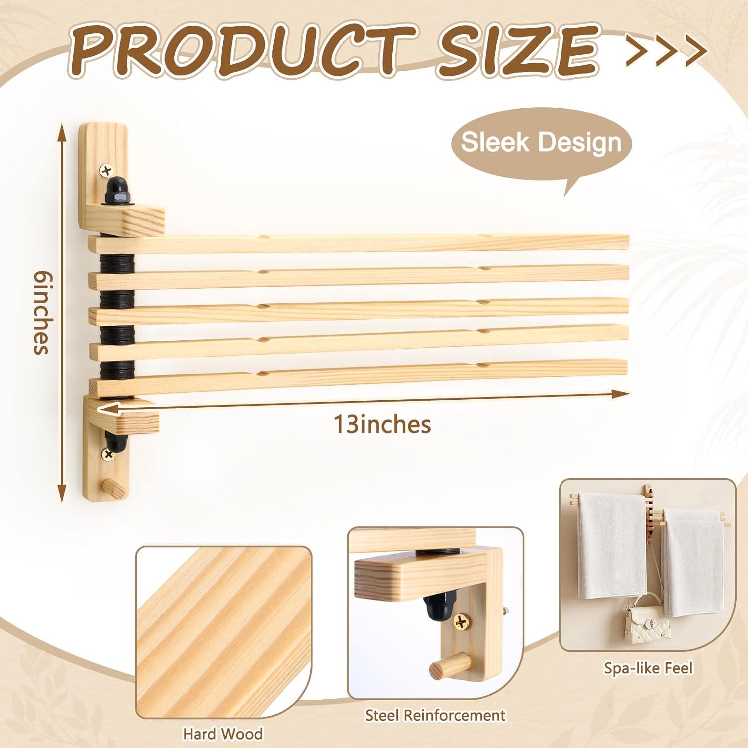 Wood Swivel Towel Rack, 13" Wall Mounted Foldable Drying Rack with 5 Anti-Slip Arms, Space Saving Towel Holder for Bathroom Laundry Room Closet, Pine Wood Hanger