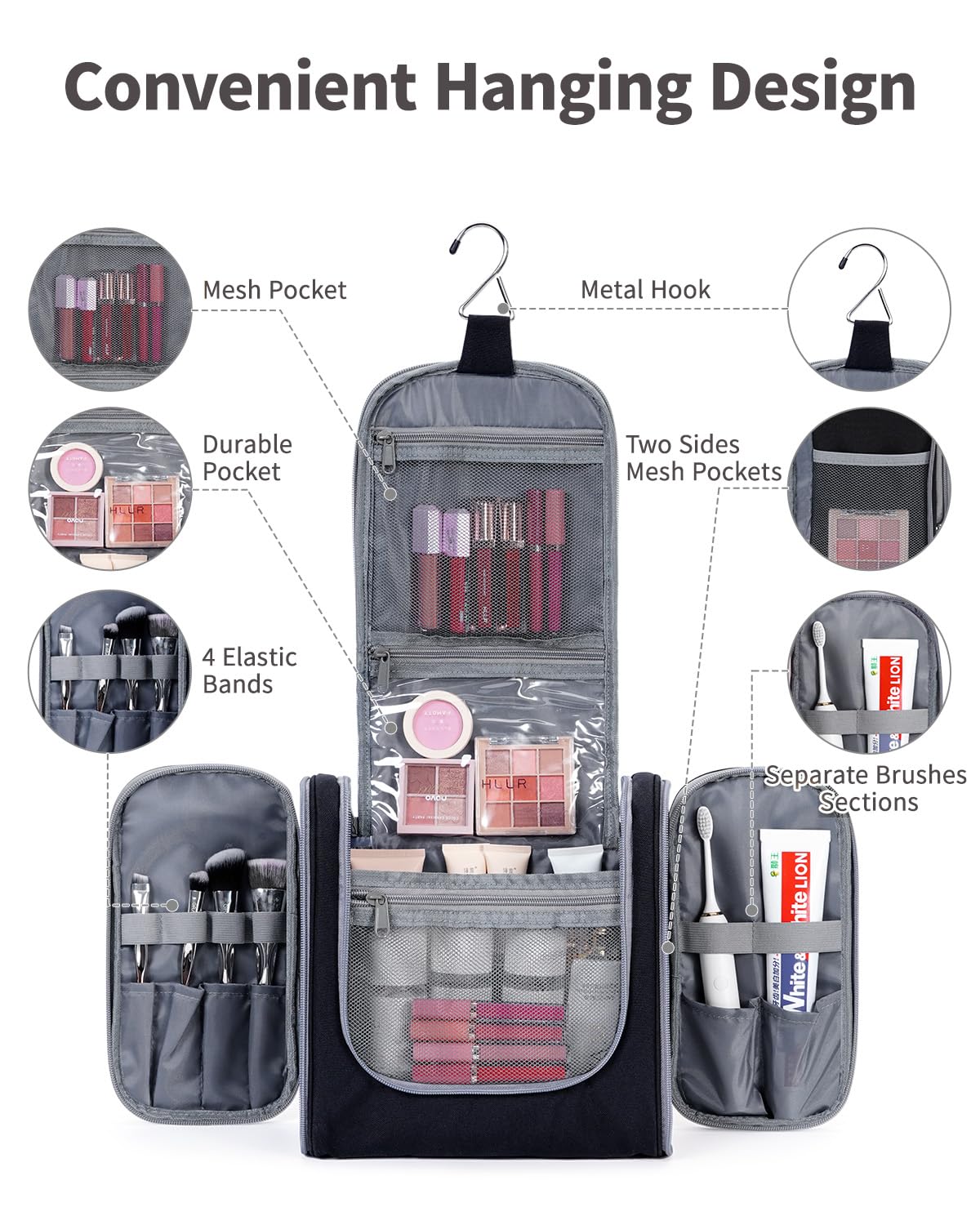 Narwey Neceser Mujer Bolsa de Aseo Colgante, Organizador de Maquillaje Neceser Viaje para Hombre y Mujer Accesorios de Viaje (Negro(Grande)) — view 2