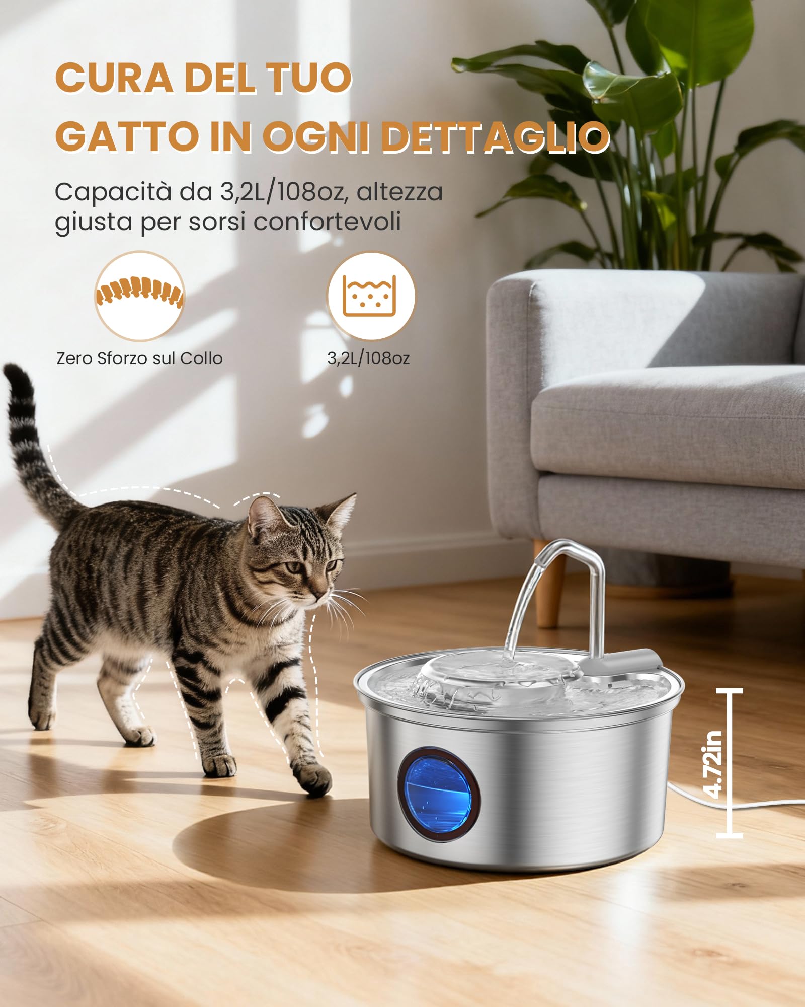 NPET Fontana Per Gatti In Acciaio Inox 1,5 L – Con Luce LED, Finestra Livello Acqua E Filtro Multistrato, Ultra Silenziosa E Lavabile In Lavastoviglie