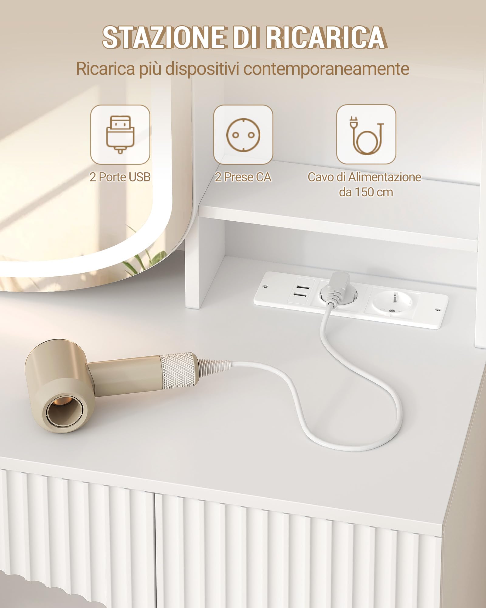 Hzuaneri 108 cm Toeletta Trucco, Postazione Trucco con Grande Specchio HD, Ciabatta Multipresa, Illuminazione a LED, 9 Cassetti, 11 Spazio di Archiviazione, per Camera da Letto, Bianco 1180103XEU