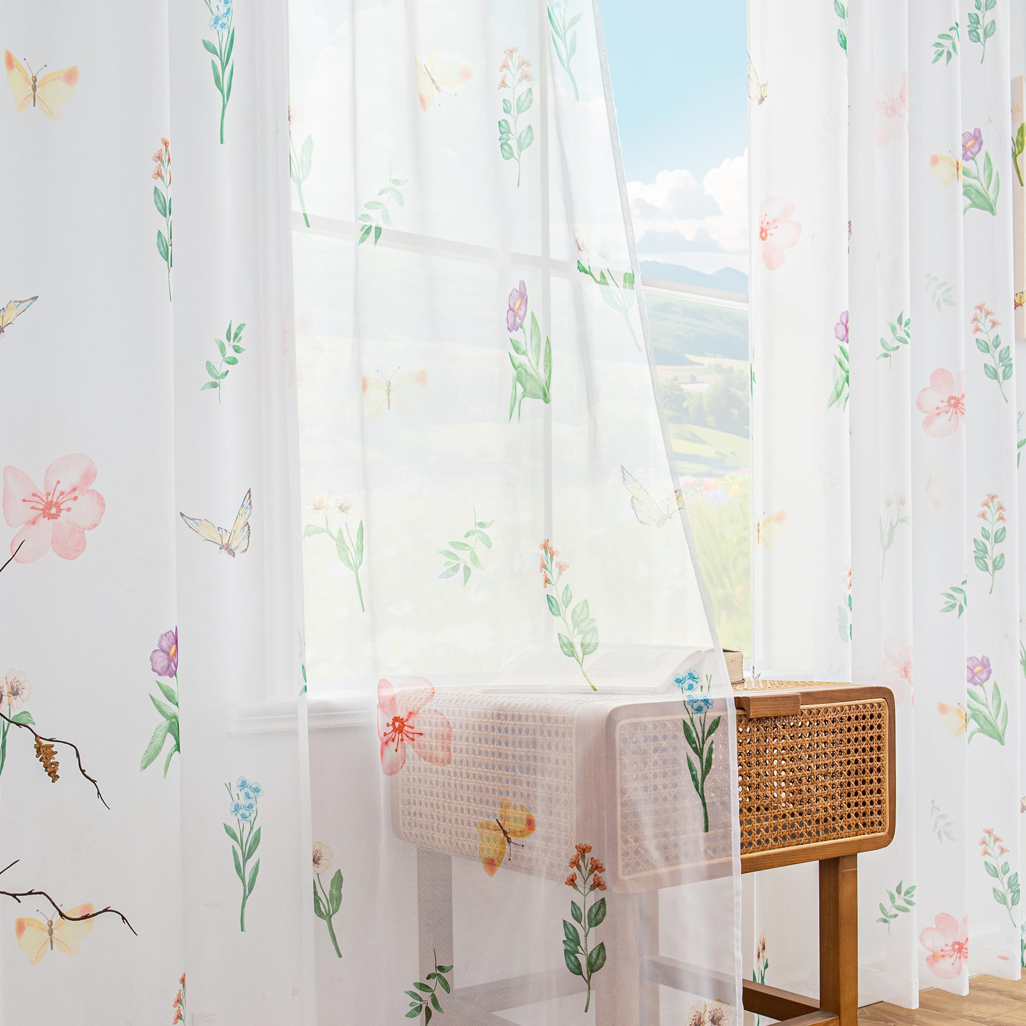 youleyar Floral Sheer Curtains for Living Room 54 Inches Long 2 Panels White Semi-Sheer Curtain with Flower/Leaves Printed Pattern Summer/Spring Rod