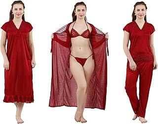 romaisa Women's Satin Solid Maxi Length Nightie, Robe, Top, Pyjama, Bra, Thong (Size - Free Size) (Nightwear Set Pack of 6)-picture-49